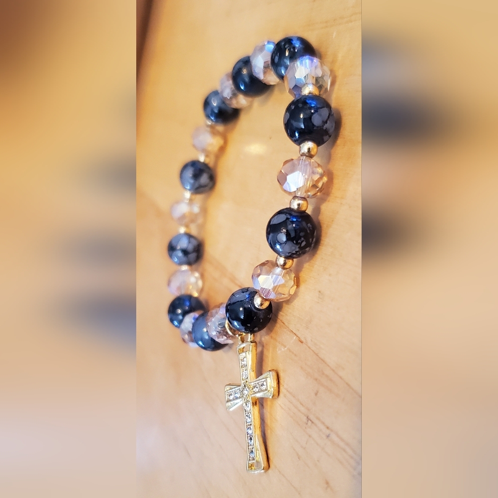 Genuune Blue Stone Beaded Bracelet with Gold Tone Cross Charm - Picture 2 of 5